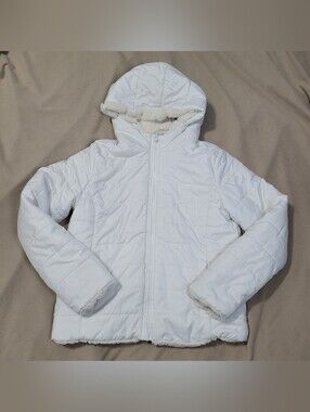 White Puffer Jacket Coat w Cream Faux Fur Lining Size Large - Zip Up w Pockets